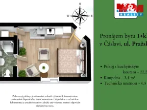 Pronájem bytu 1+kk, Čáslav - Čáslav-Nové Město, Pražská, 26 m2