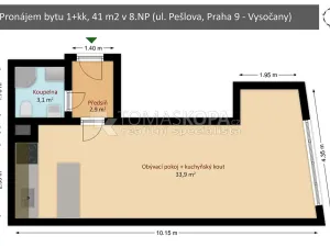 Pronájem bytu 1+kk, Praha - Vysočany, Pešlova, 41 m2