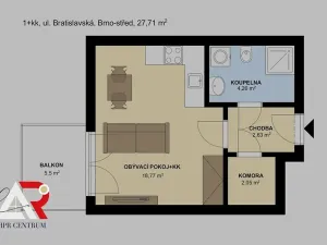 Pronájem bytu 1+kk, Brno, Bratislavská, 28 m2