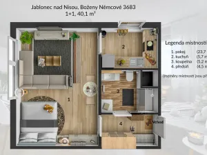 Pronájem bytu 1+1, Jablonec nad Nisou - Mšeno nad Nisou, Boženy Němcové, 40 m2