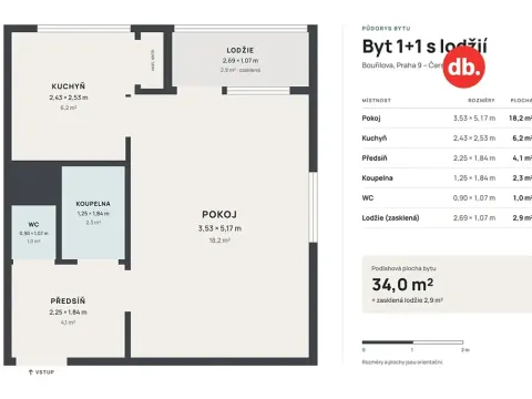 Prodej bytu 1+1, Praha - Černý Most, Bouřilova, 34 m2